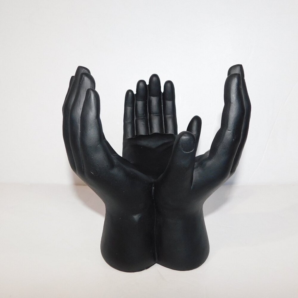 Urban Barn 3 Hands attached 7.5" Black Resin statue Bowl Orb Trinket Holder